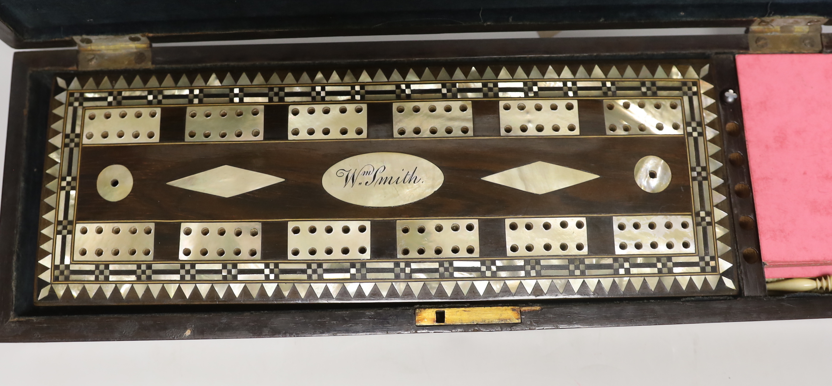 A mother of pearl inlaid rosewood cased cribbage set, with related letter, 1832